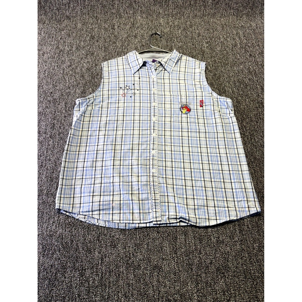 Disney Shirt Womens 18W/20W White Blue Plaid Embroidered Sleeveless Button Up